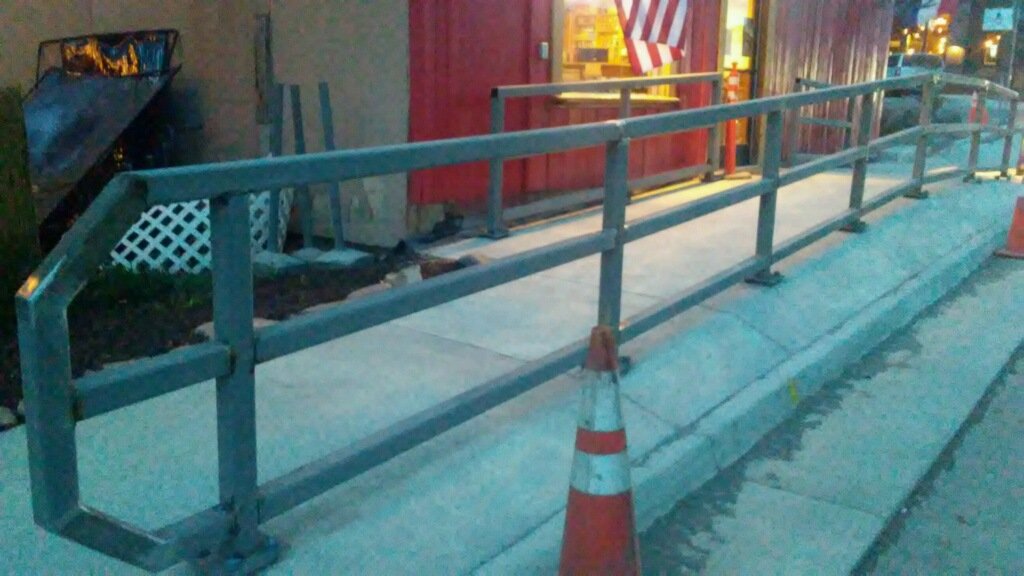 Steel ramp handrail at a commercial building
